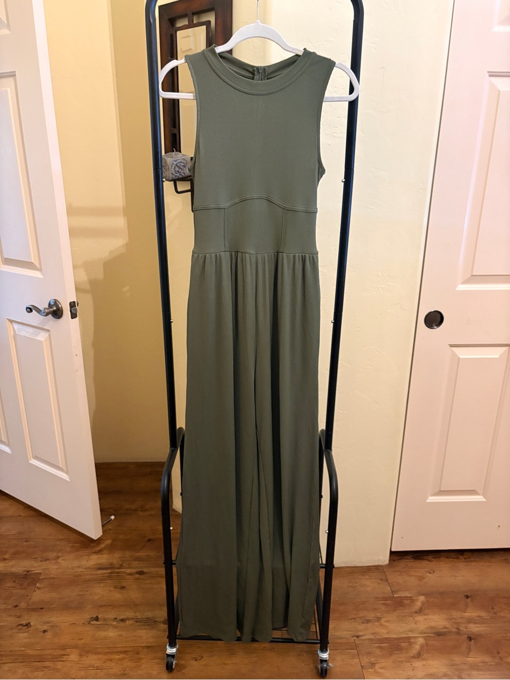 Cider Olive Green Sleeveless wide leg jumpsuit very stretchy with back zipper